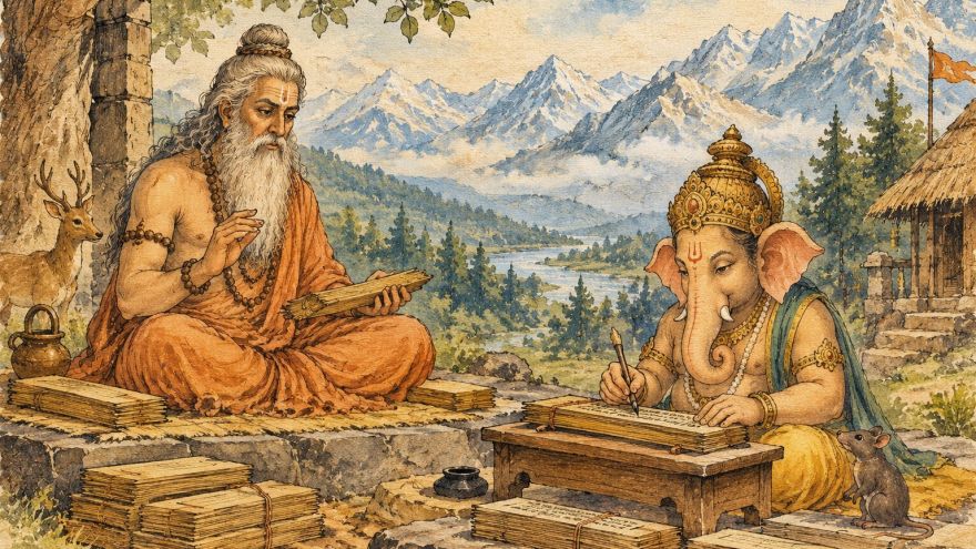 Maharishi Ved Vyas dictating and Ganapati writing the verses of Mahabharata on Palm leaves. AI generated image