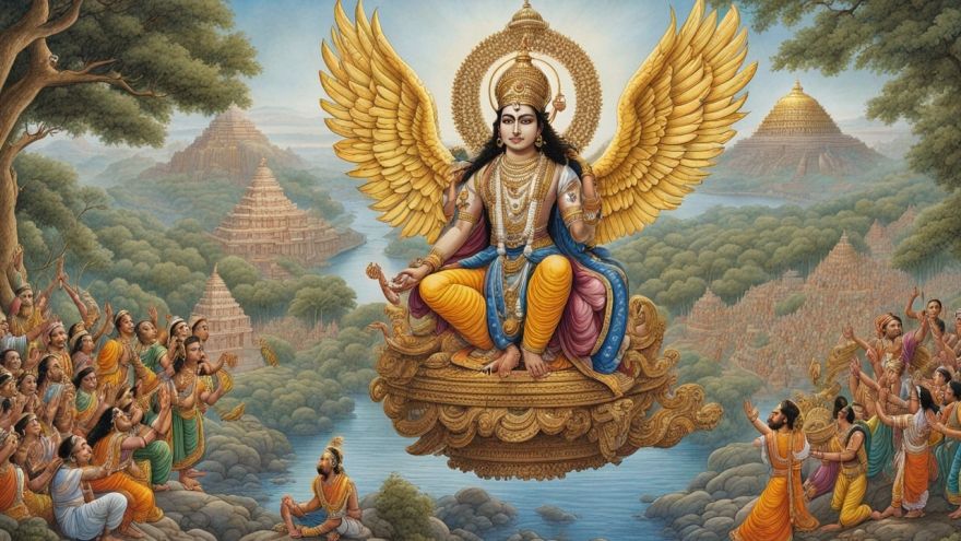 Sant Tukaram Jayanti. Tukaram is one of the most revered saints from Mahatashtra. - Garud, Lord Vishnu's Vehicle, coming to earth to carry Sant Tukaram to Vaikuntha Lok