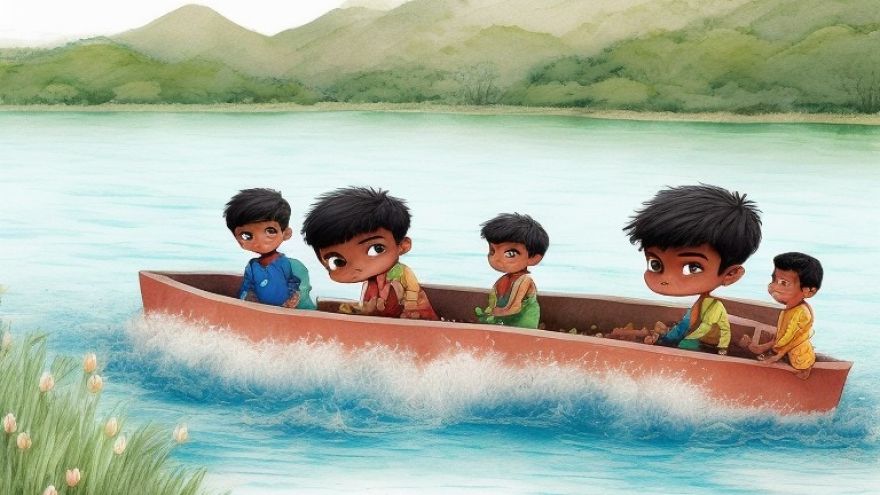 Painting of 5 boys in a boat. Veergatha Podcast by gaathastory