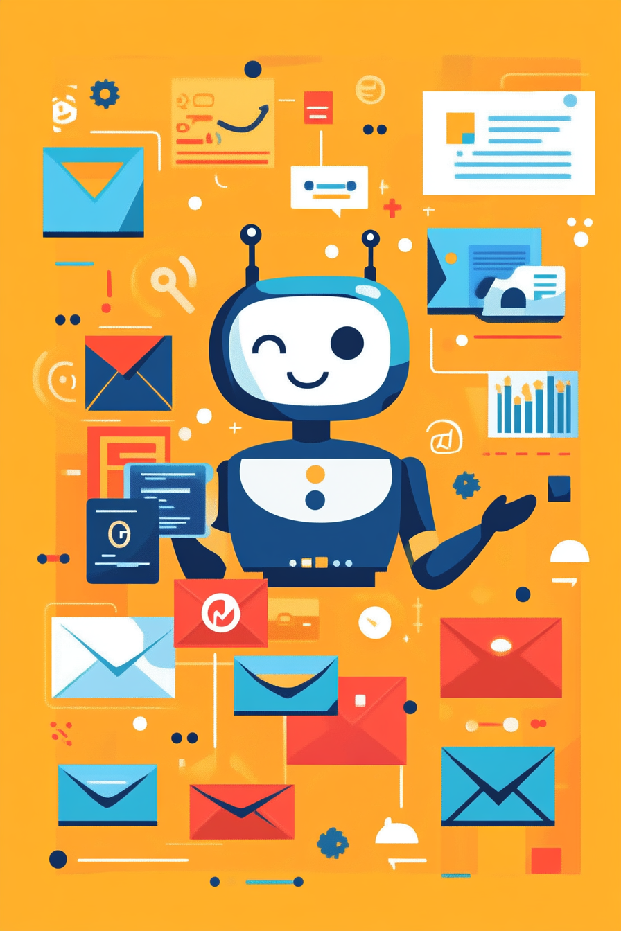 Illustration Of A Smiling Robot Surrounded By Various Email Icons, Envelopes, And Charts On An Orange Background, Symbolizing Digital Communication And Technology Integration.