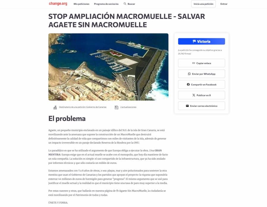 imagen de la campaña de recogida de firmas para parar la ampliación del macromuelle de agaete