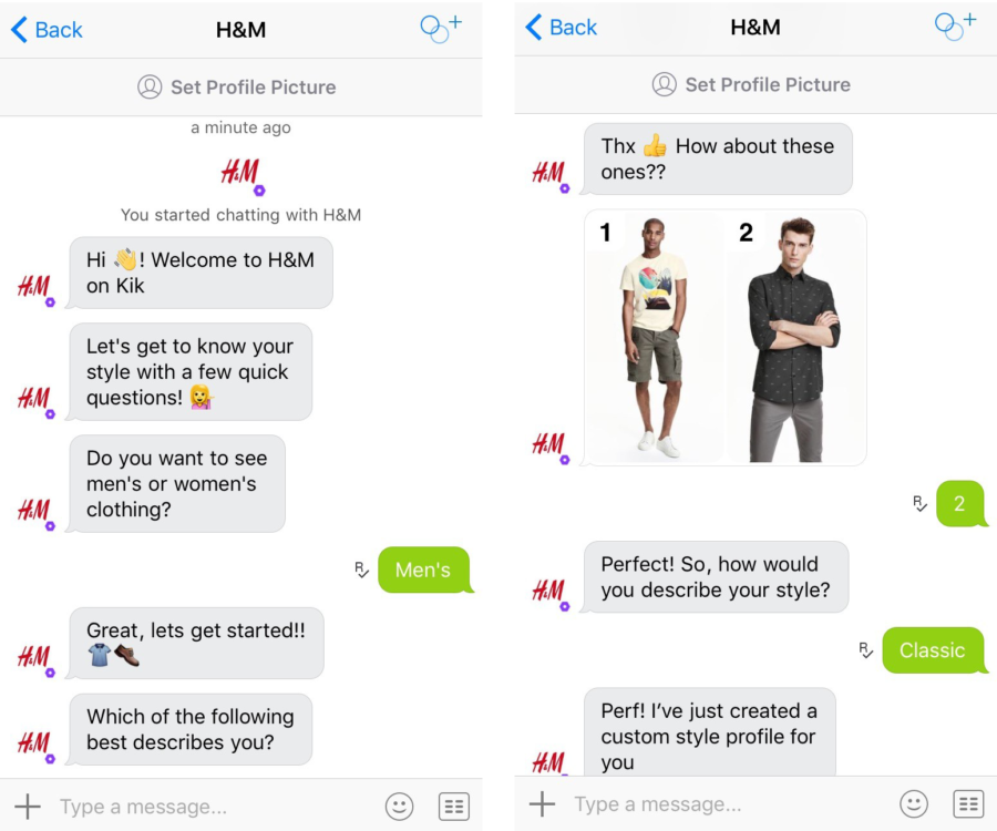 H&M, chatbot, men's clothing, messenger, chat