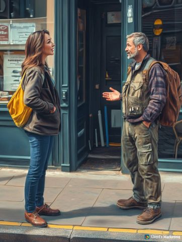 Two People Stand And Converse On A City Sidewalk. The Woman Wears A Yellow Bag; The Man Has A Backpack And Gestures With One Hand. They Are In Front Of A Dark-Colored Storefront.