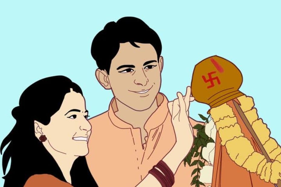 Man and a woman praying to the Gudhi for Gudi Padwa. Baalgatha podcast by gaathastory