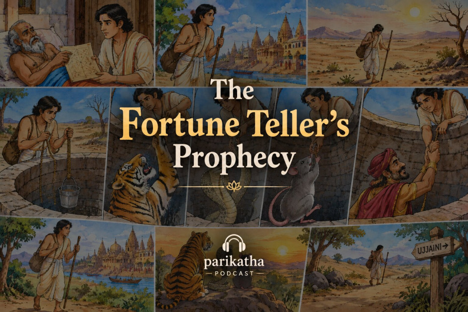 Feature image for blog post The Fortune Teller's Prophecy. Parikatha Podcast by gaathastory