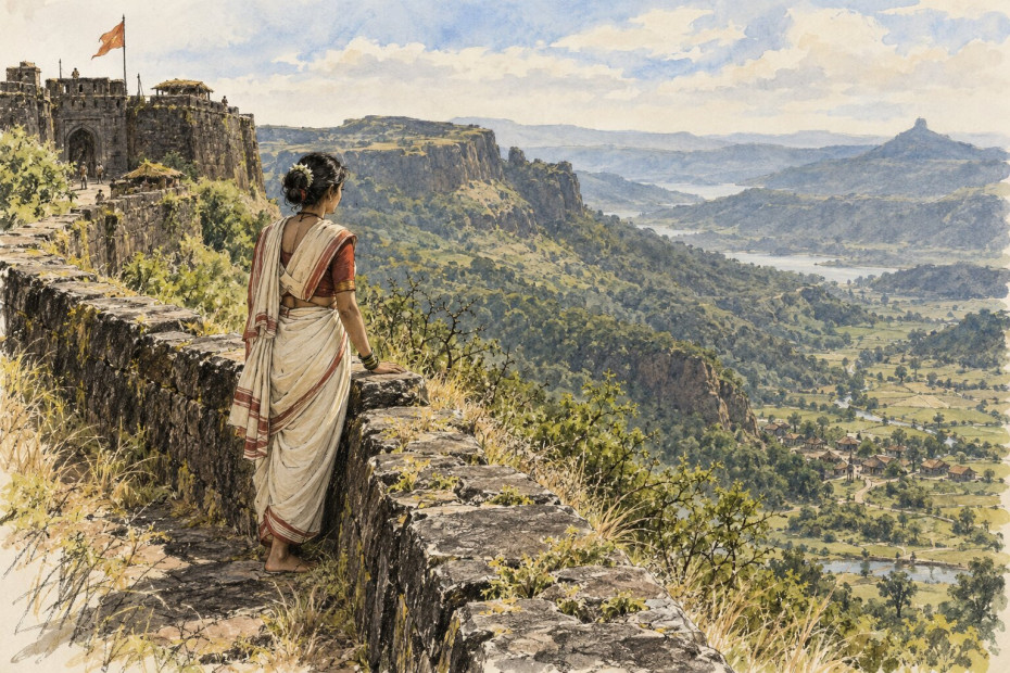 Hirkani Baai standing at Raigad Fort. Blog post by gaathastory. AI generated image