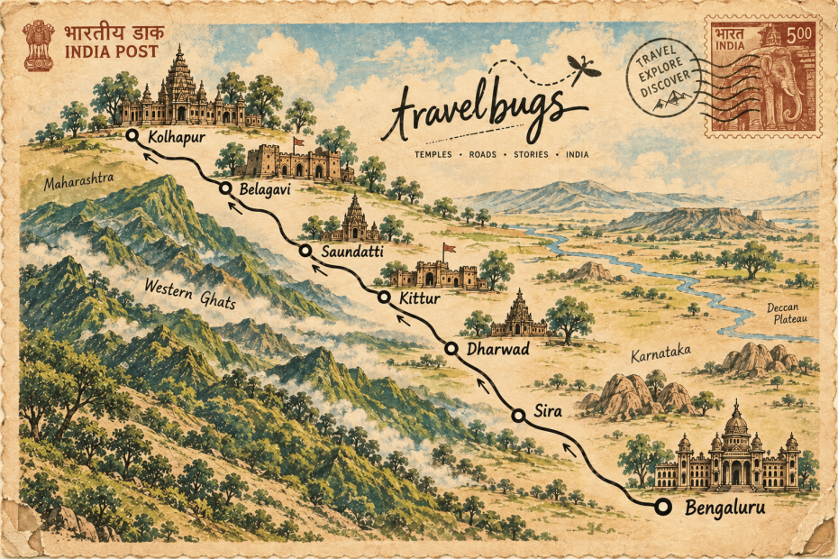 Postal stamp showing map of road trip from Bengaluru to Kolhapur. Aug 2026. AI generated image