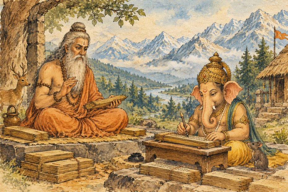 Maharishi Ved Vyas dictating and Ganapati writing the verses of Mahabharata on Palm leaves. AI generated image