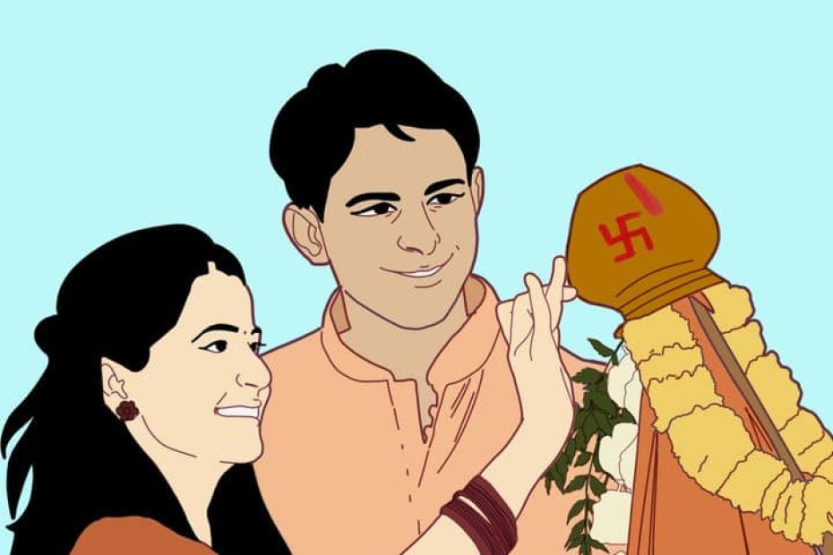 Man and a woman praying to the Gudhi for Gudi Padwa. Baalgatha podcast by gaathastory