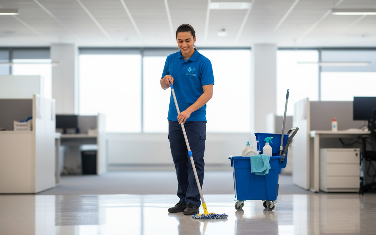 Three professional cleaners in bright green overalls standing confidently with cleaning equipment in modern home interior with gray walls