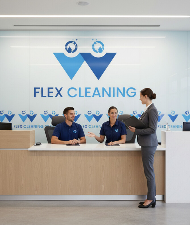 Professional cleaning team with mops and vacuum cleaner