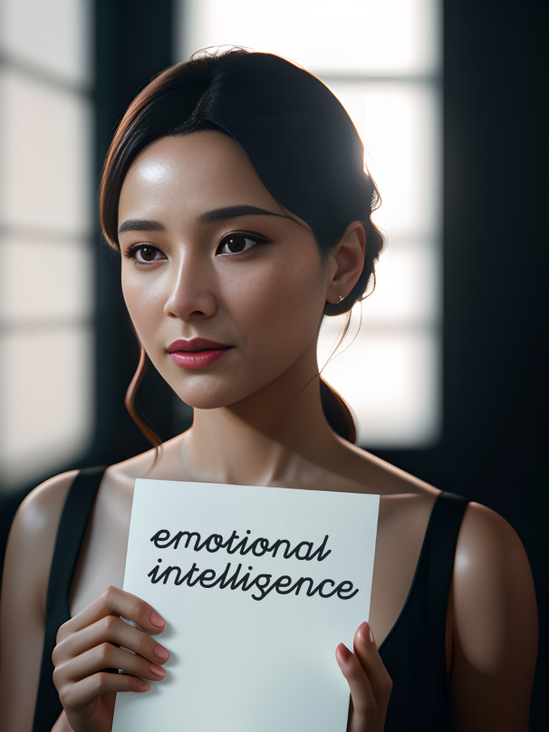 A close-up shot of a woman holding a piece of paper with the words “Emotional Intelligence” written in calligraphic font.  The background shows a blurred image of a brainstorming session with people engaged in deep conversations.  The image symbolises measuring and assessing emotional intelligence, capturing the essence of self-awareness, empathy, interpersonal skills, and decision-making.  The woman in the picture appears focused and reflective, indicating the importance of understanding and harnessing emotional intelligence for personal and professional growth.